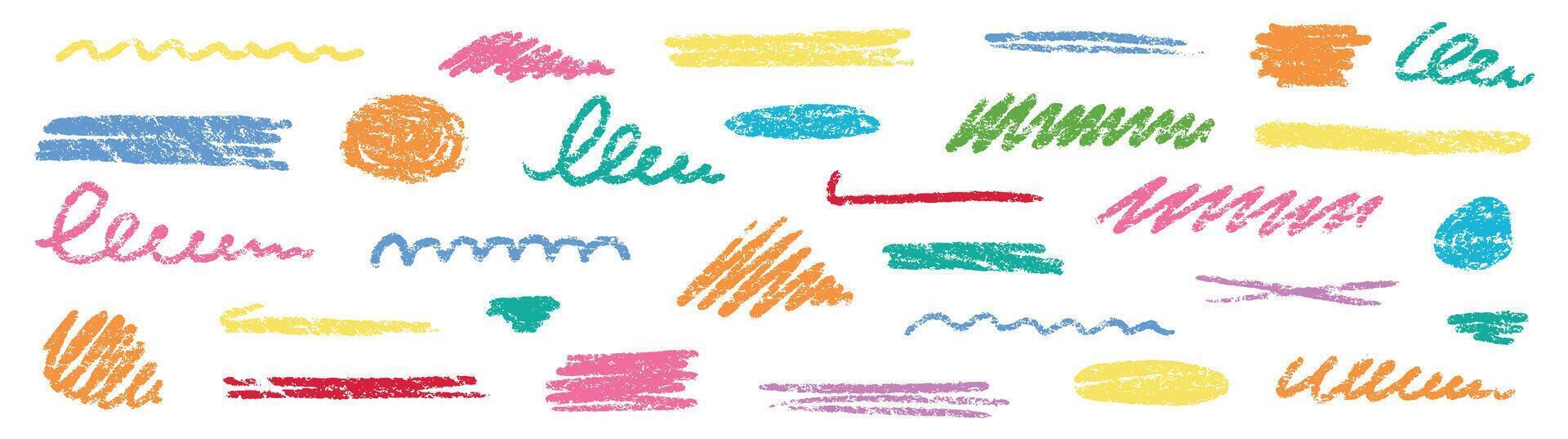 Crayon brush underline color stroke. Chalk kid highlight scribble stroke. hand drawn brush underline element set for accent, crayon texture emphasis element. Rough chalk vector