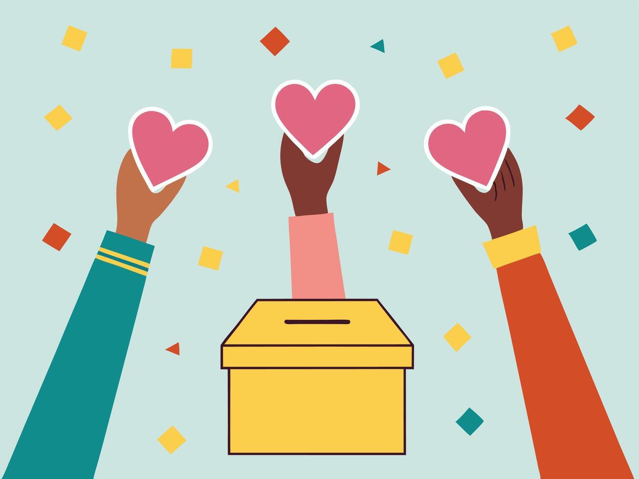 Hands Donating Hearts to Donation Box vector