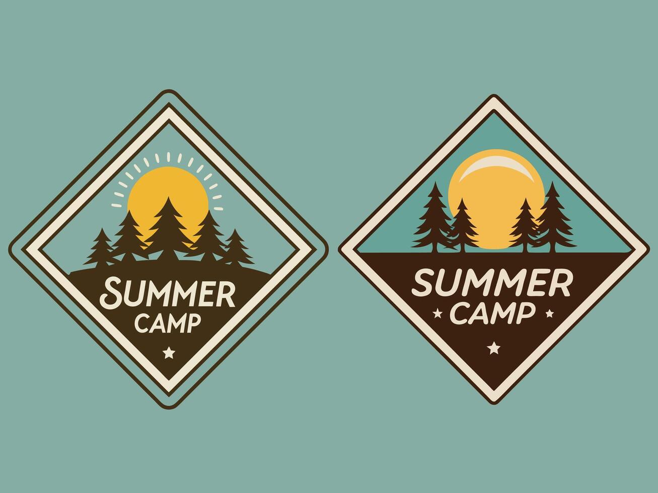 Vintage Summer Camp Badges with Pine Trees and Sun vector