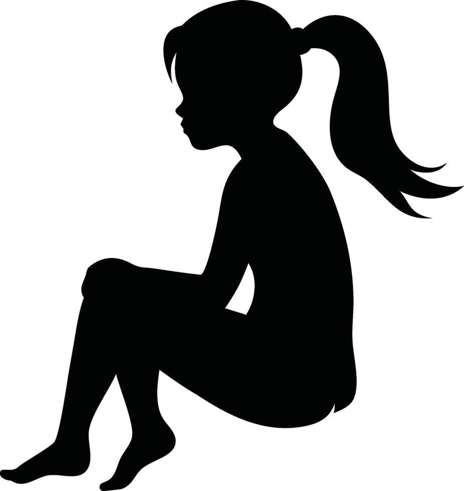 Silhouette of a young girl with a ponytail sitting with her knees drawn up, creating a sense of innocence and contemplation illustration vector