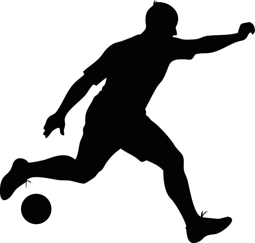 Silhouette of a soccer player in mid-action, dynamically kicking a ball with intense focus and energy, capturing the essence of the sport illustration vector