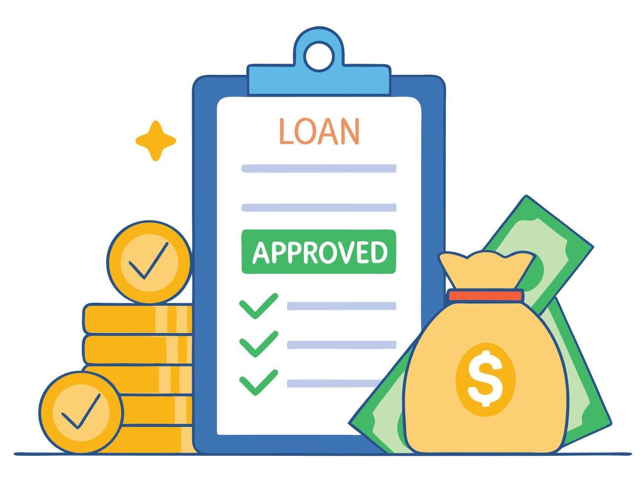 Loan Approved Checklist with Money Bag and Coins vector