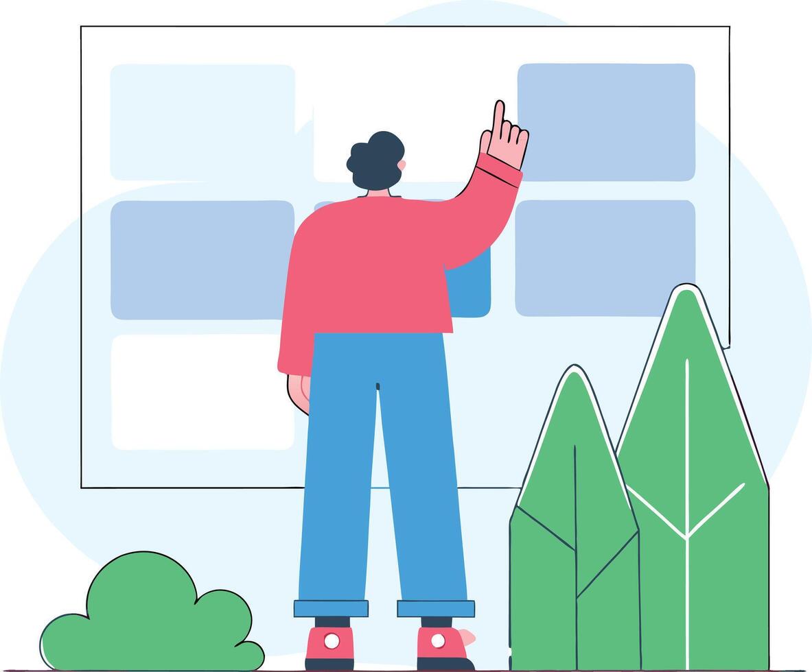 Illustration of a person in a red shirt and blue pants pointing at a large screen with various sections, surrounded by green plants illustration vector