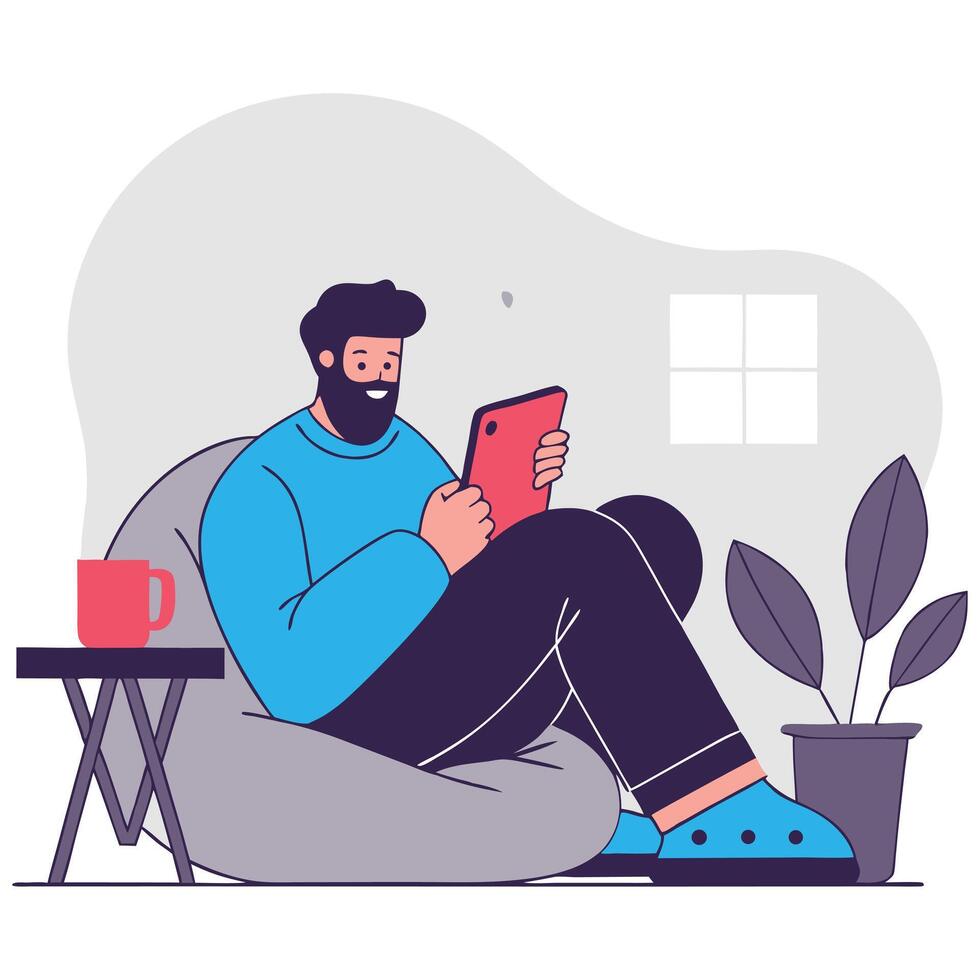 Man relaxing in a bean bag chair, using a tablet, with a cozy indoor setting featuring a plant and a cup on a side table illustration vector