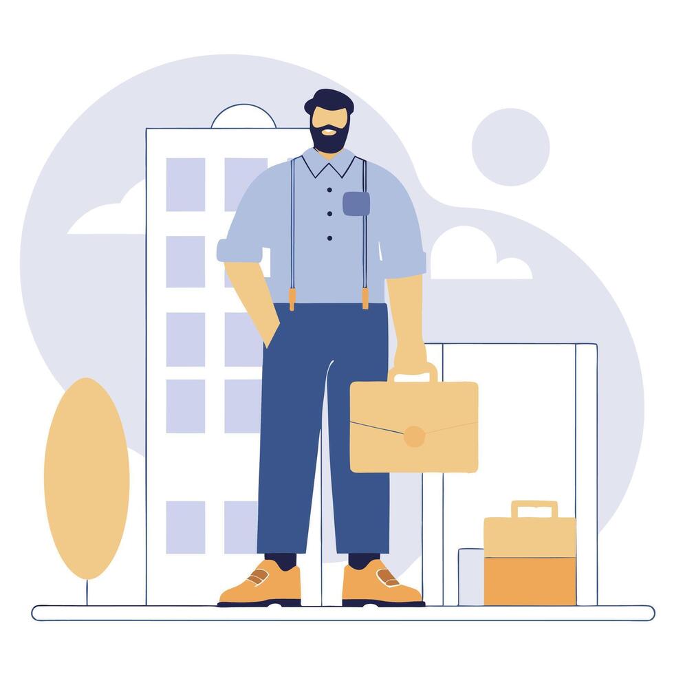 Confident businessman with a beard and suspenders holding a briefcase, standing in front of modern buildings, symbolizing success and professionalism illustration vector