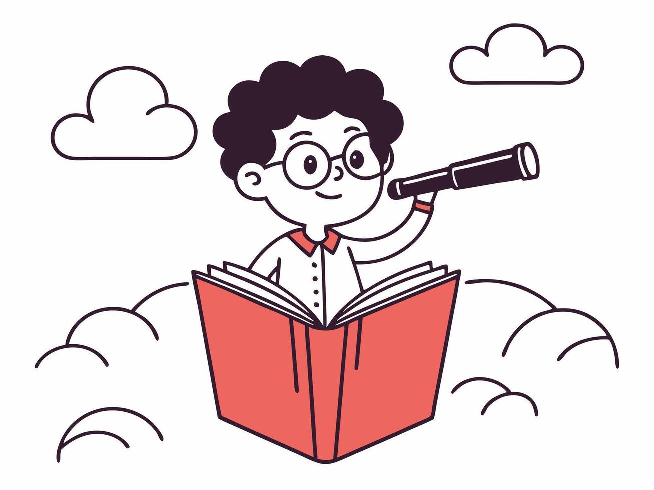 Boy on Book Flying with Telescope Exploring Clouds vector