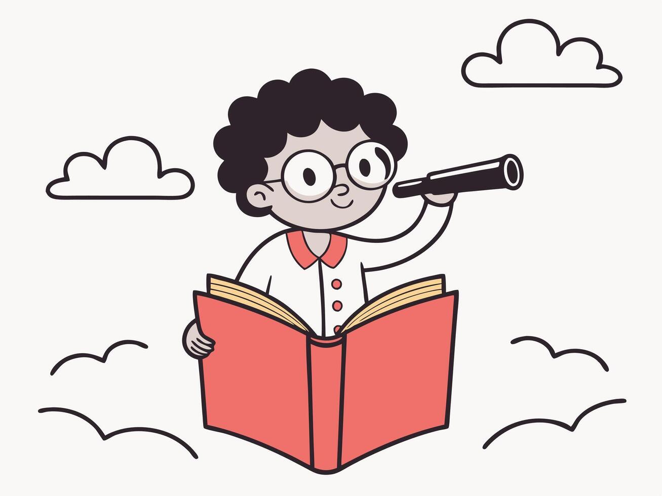 Boy on Flying Book Exploring with Telescope vector