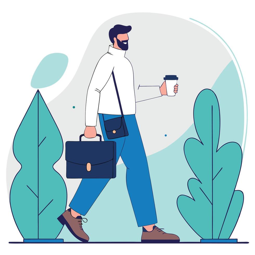 Confident businessman with a briefcase and coffee, walking amidst modern greenery, symbolizing a successful start to the day illustration vector