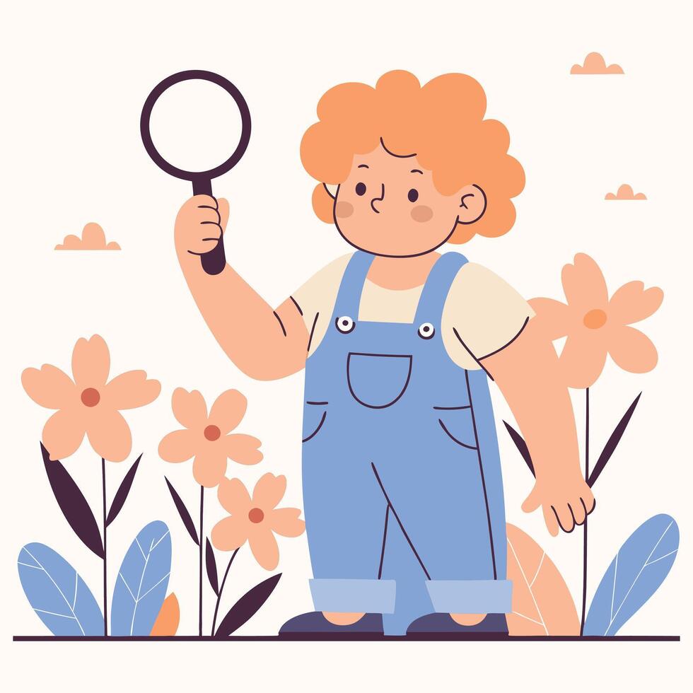 Curious child with a magnifying glass exploring in a garden filled with colorful flowers and plants, symbolizing learning and discovery illustration vector
