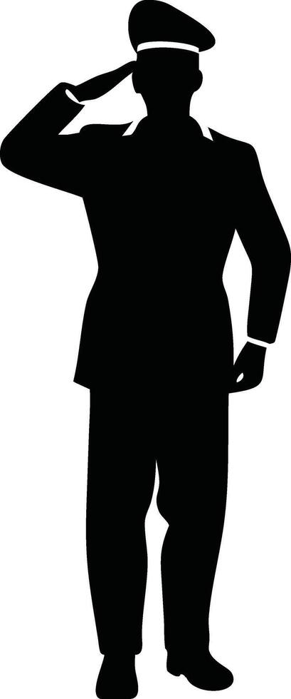 Silhouette of a military officer in uniform saluting with a formal, respectful posture against a plain background illustration vector