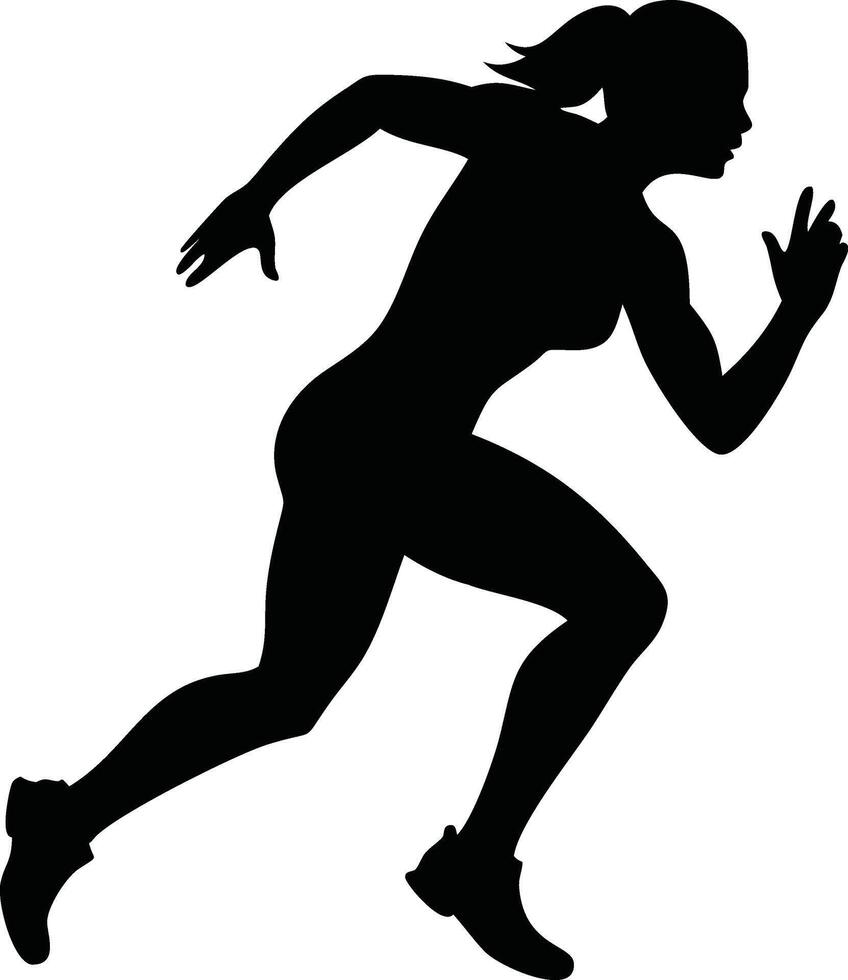 Silhouette of a female runner in mid-sprint, showcasing powerful athleticism and dynamic motion against a stark white background illustration vector
