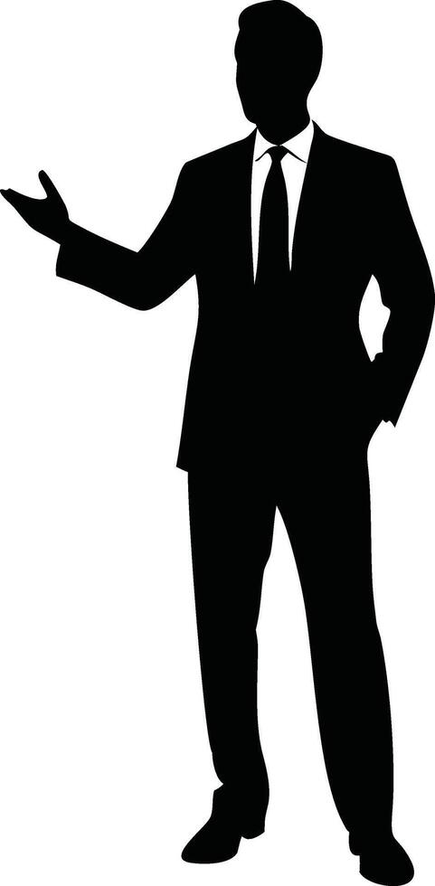 Silhouette of a confident businessman in a suit, standing with one hand in pocket and the other gesturing, perfect for business presentations and corporate designs illustration vector