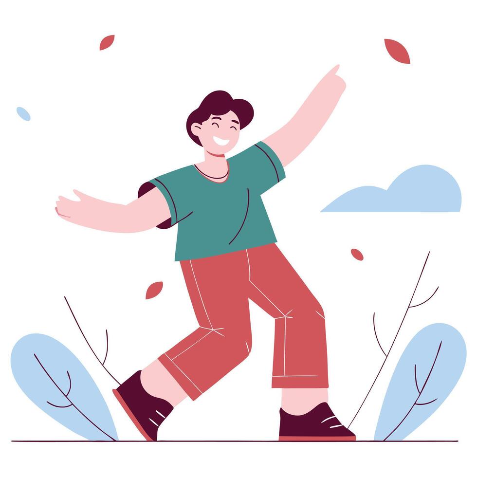 Joyful man in a green shirt and red pants dancing with leaves falling around him, surrounded by blue plants and clouds illustration vector