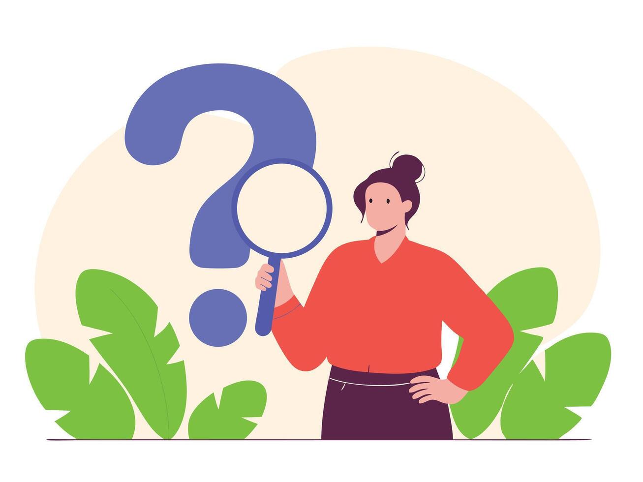 Woman Investigating Question Mark with Magnifying Glass vector
