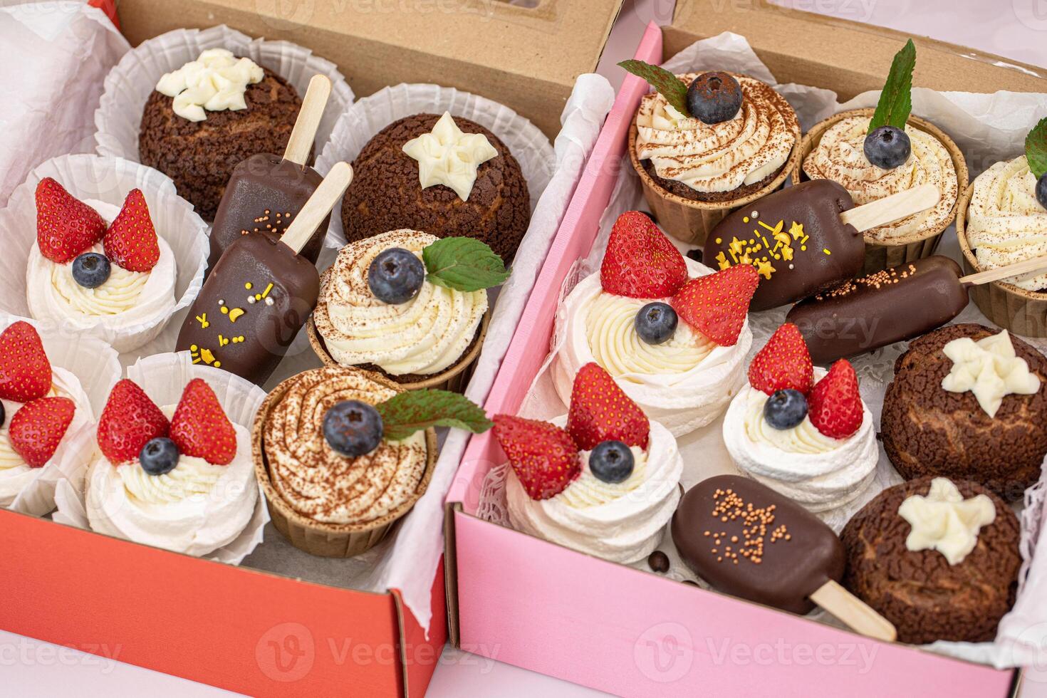 Homemade sweets made from natural and healthy ingredients. Festive background with mini cakes. Delicious cake photo