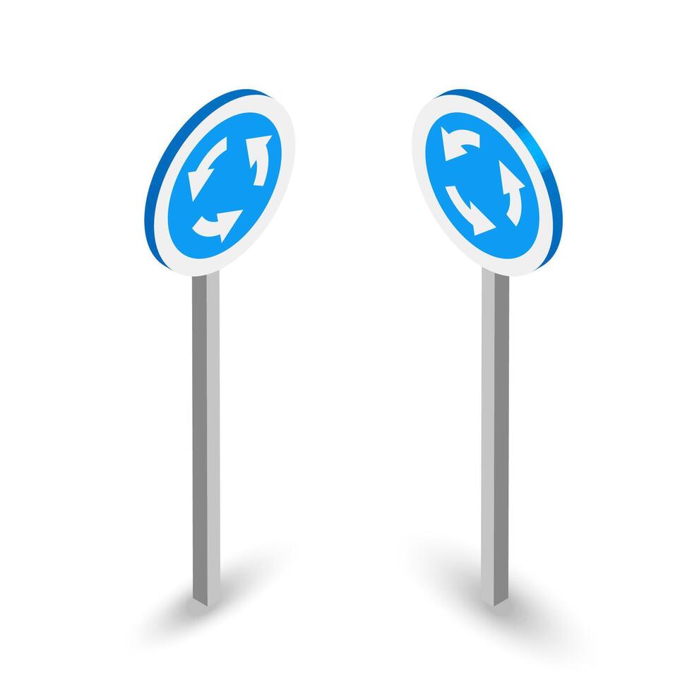 3D roundabout traffic signs with circular arrow symbols on blue background vector