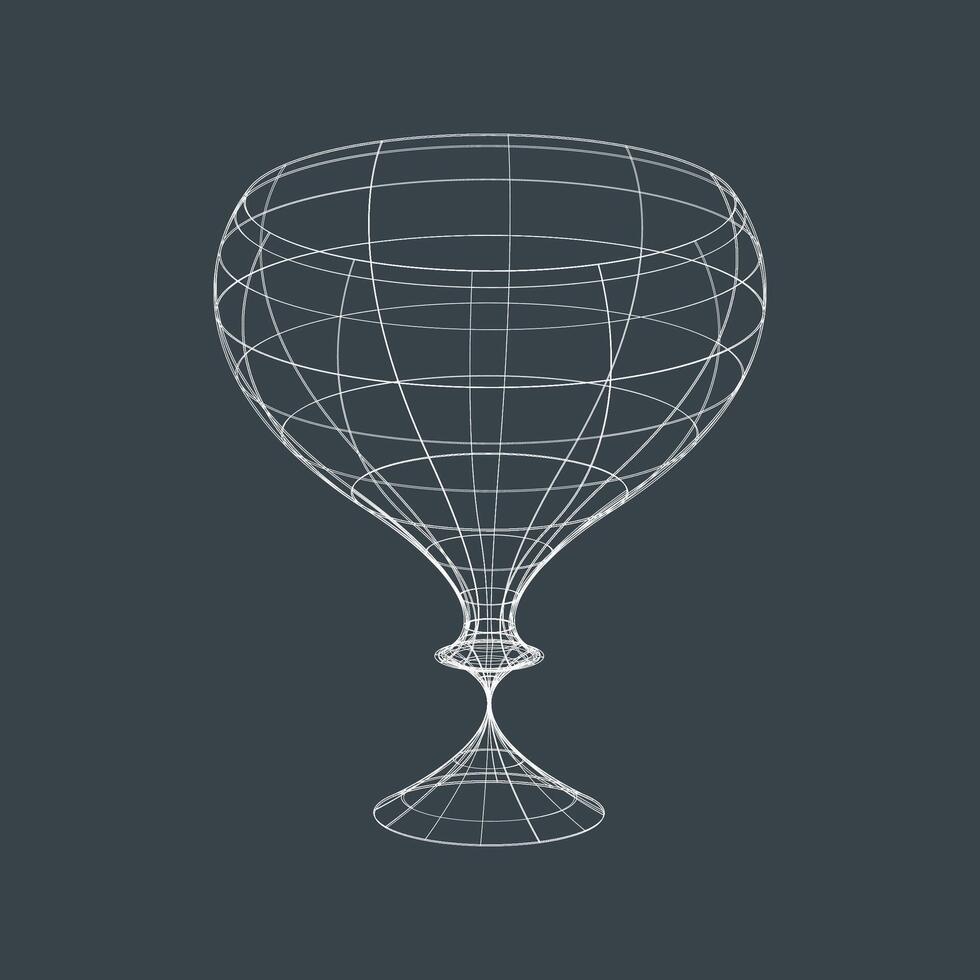 3D wireframe model of a goblet or wine glass on dark background vector