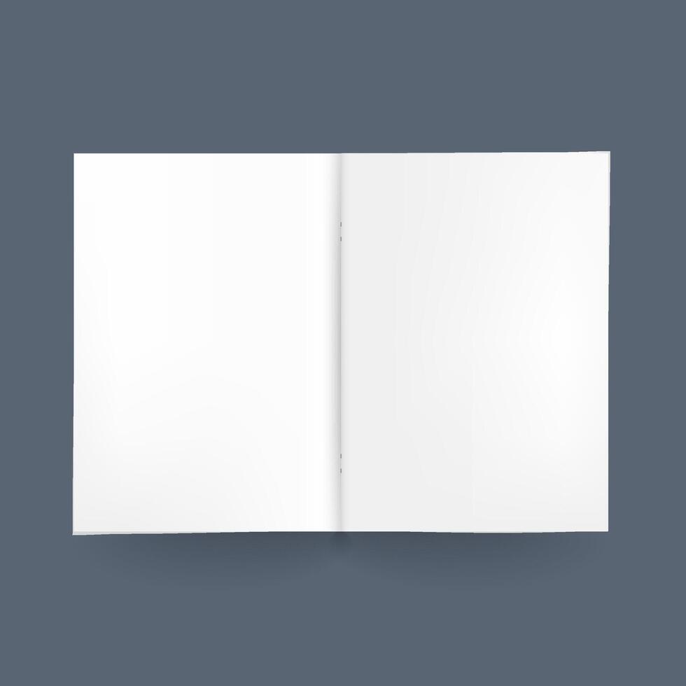 Blank open book mockup on dark background, top view vector