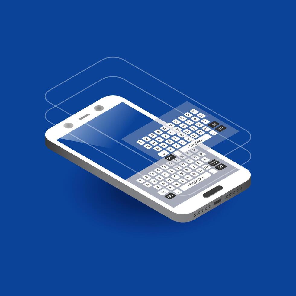 Isometric smartphone with transparent touchscreen layers and digital keyboard layout vector