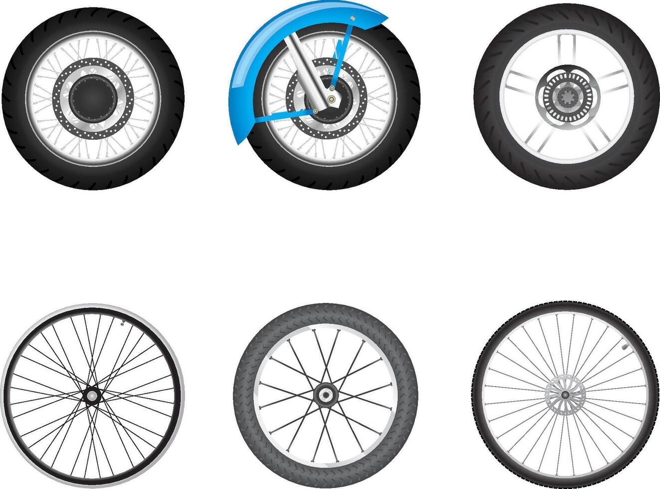 Bicycle and motorcycle wheel collection with spokes and tire variations vector
