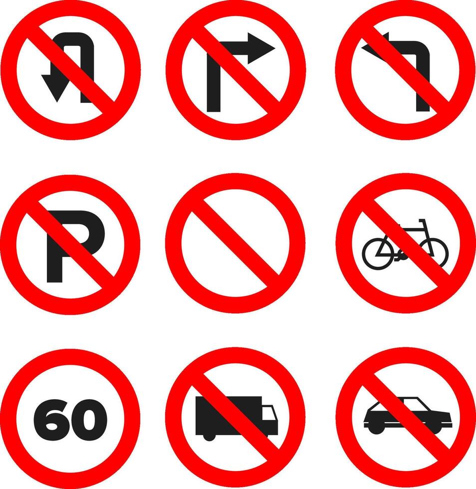 Prohibited road signs icon set with red circle and slash vector