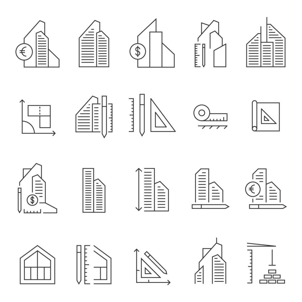 Line icon set of architecture, real estate and urban planning tools vector