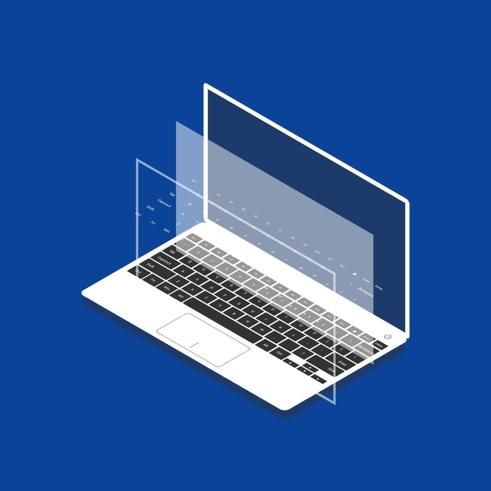 Isometric laptop with layered transparent screen and digital interface elements vector