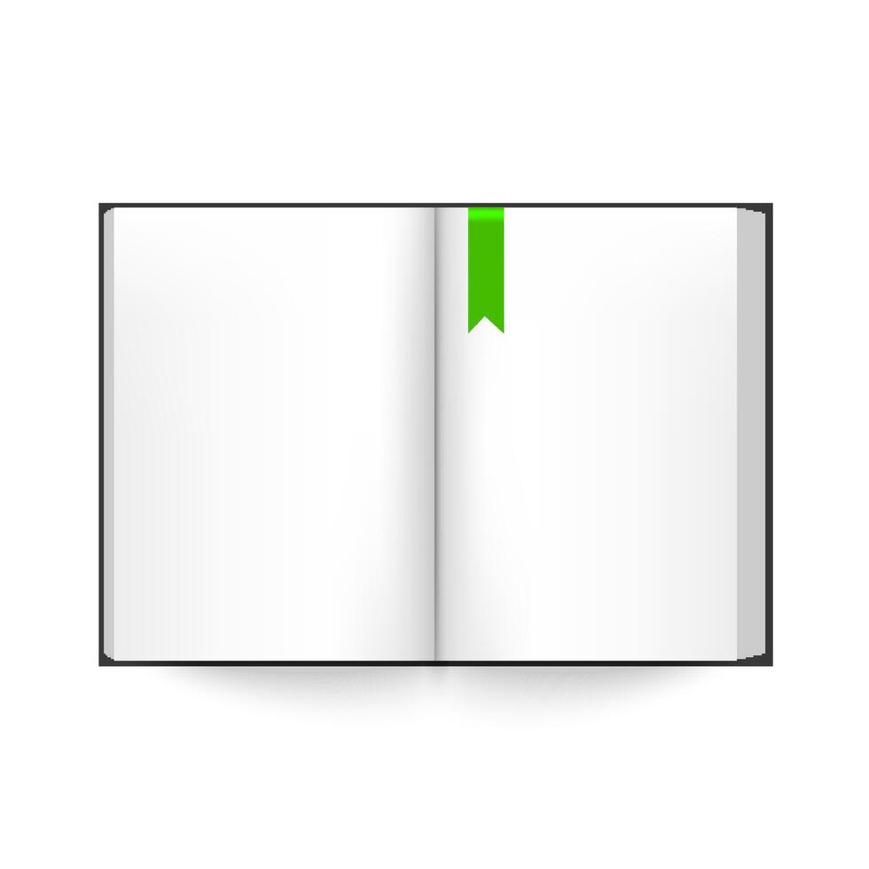 Open blank book with green ribbon bookmark, top view vector