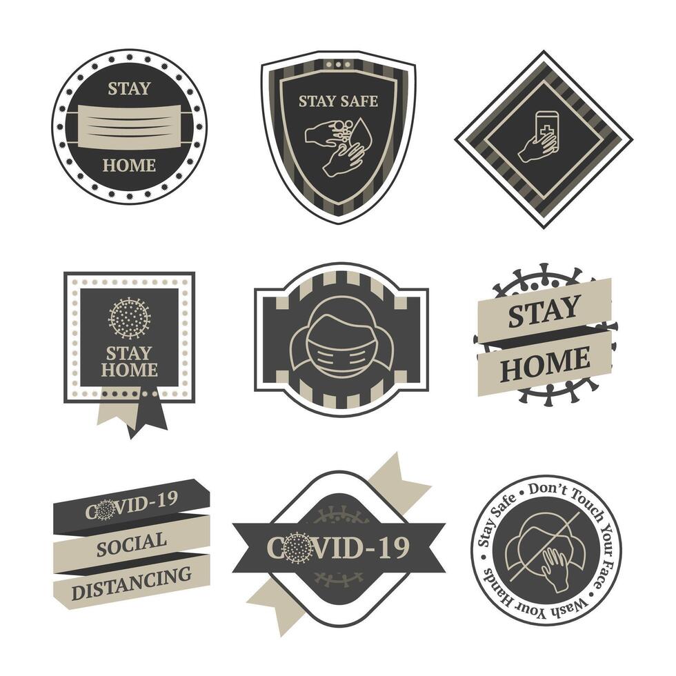 Set of vintage-style COVID-19 badges with stay home and social distancing messages vector