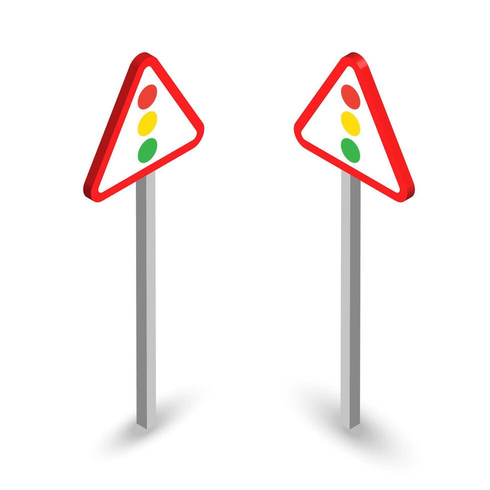 3D triangular traffic signs with vertical traffic light symbols vector