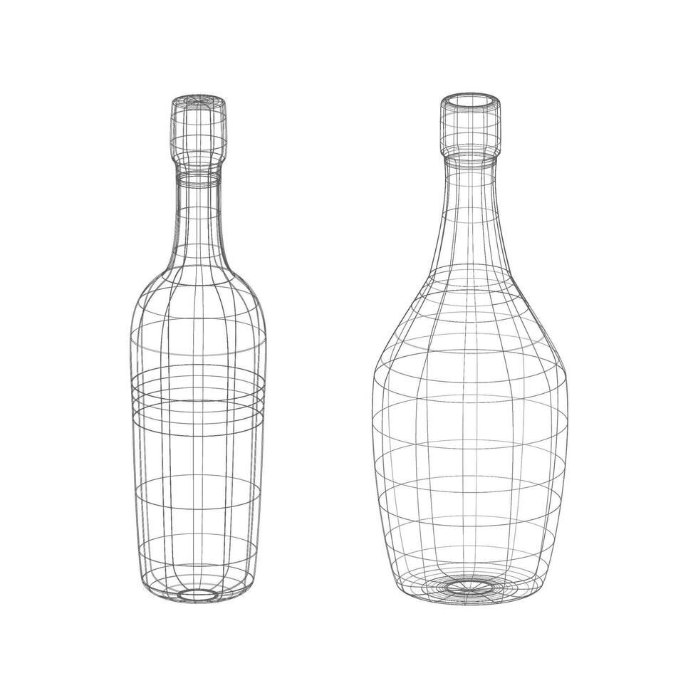 Wireframe 3D models of two glass bottles with narrow necks and rounded bases vector