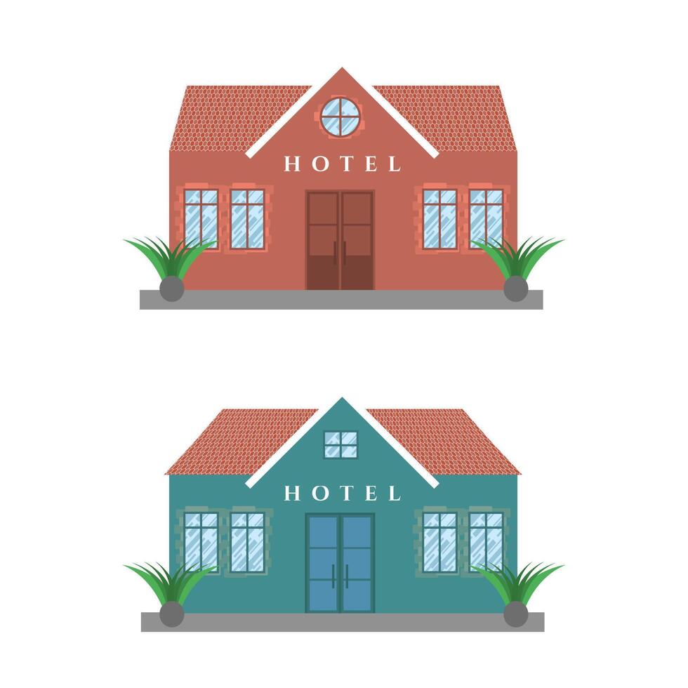 Flat illustration of two small hotel buildings with different color schemes vector