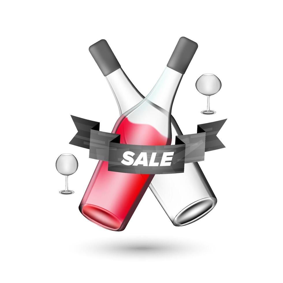 Wine bottle sale banner with glasses and ribbon label vector