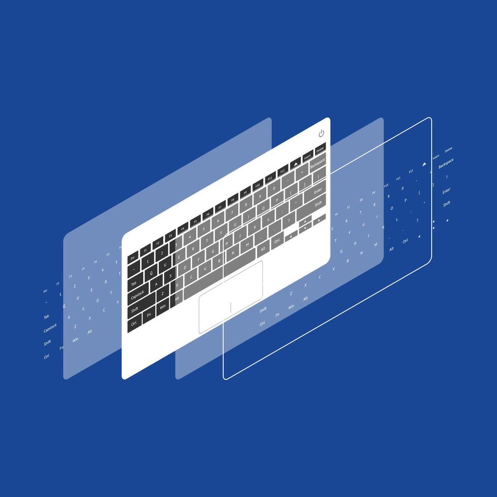 Isometric layered illustration of laptop keyboard and digital interface on blue background vector