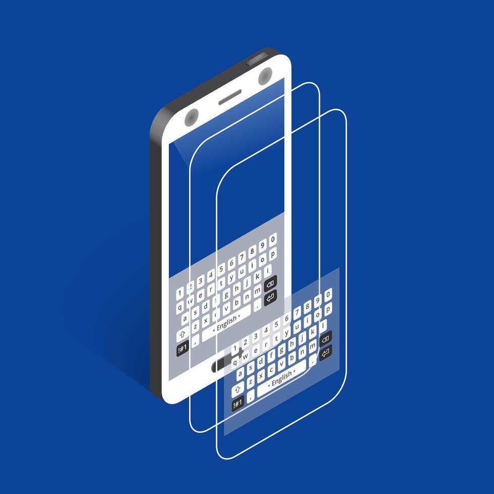 Isometric illustration of smartphone touchscreen layers and digital keyboard vector