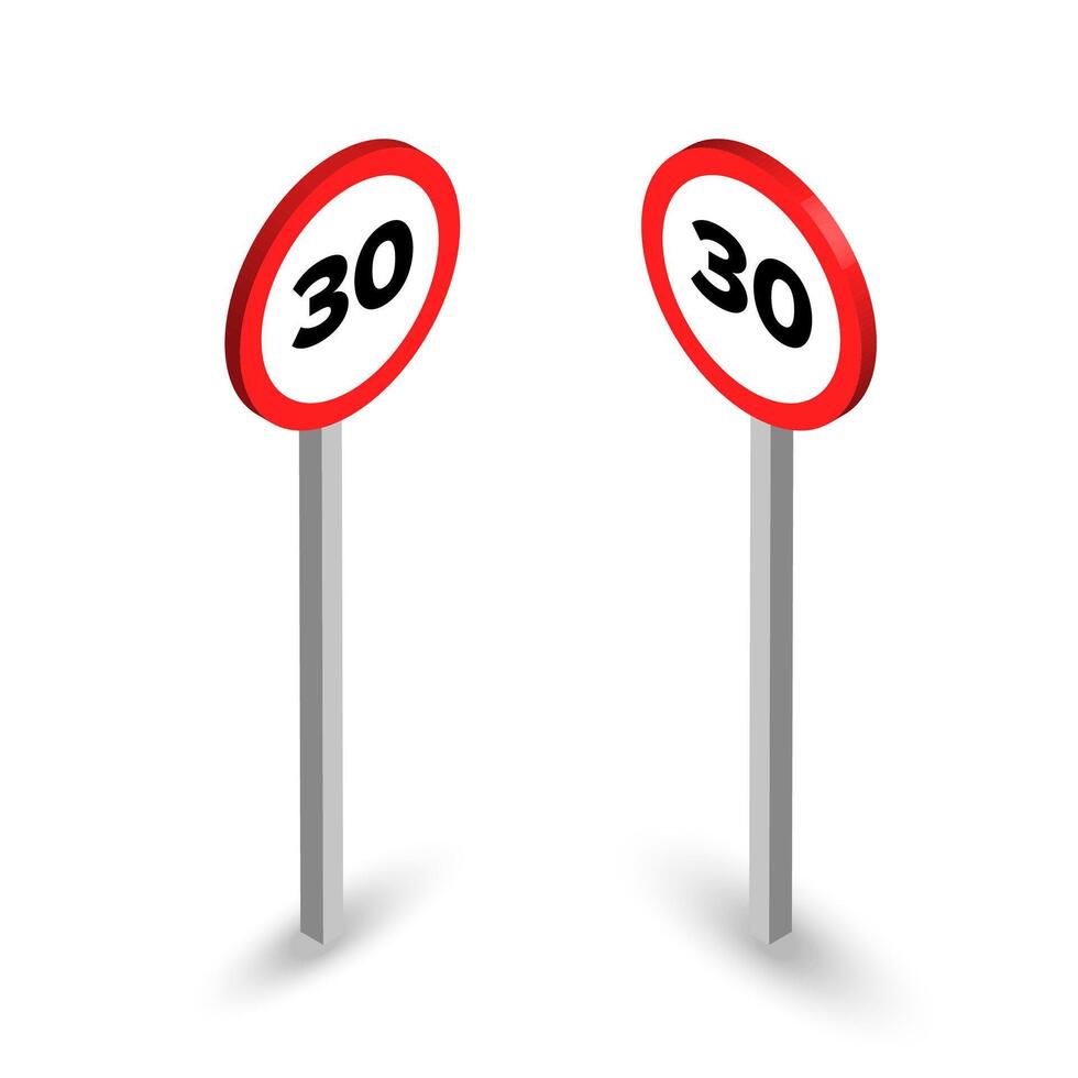 3D speed limit traffic signs indicating 30 km per hour restriction vector