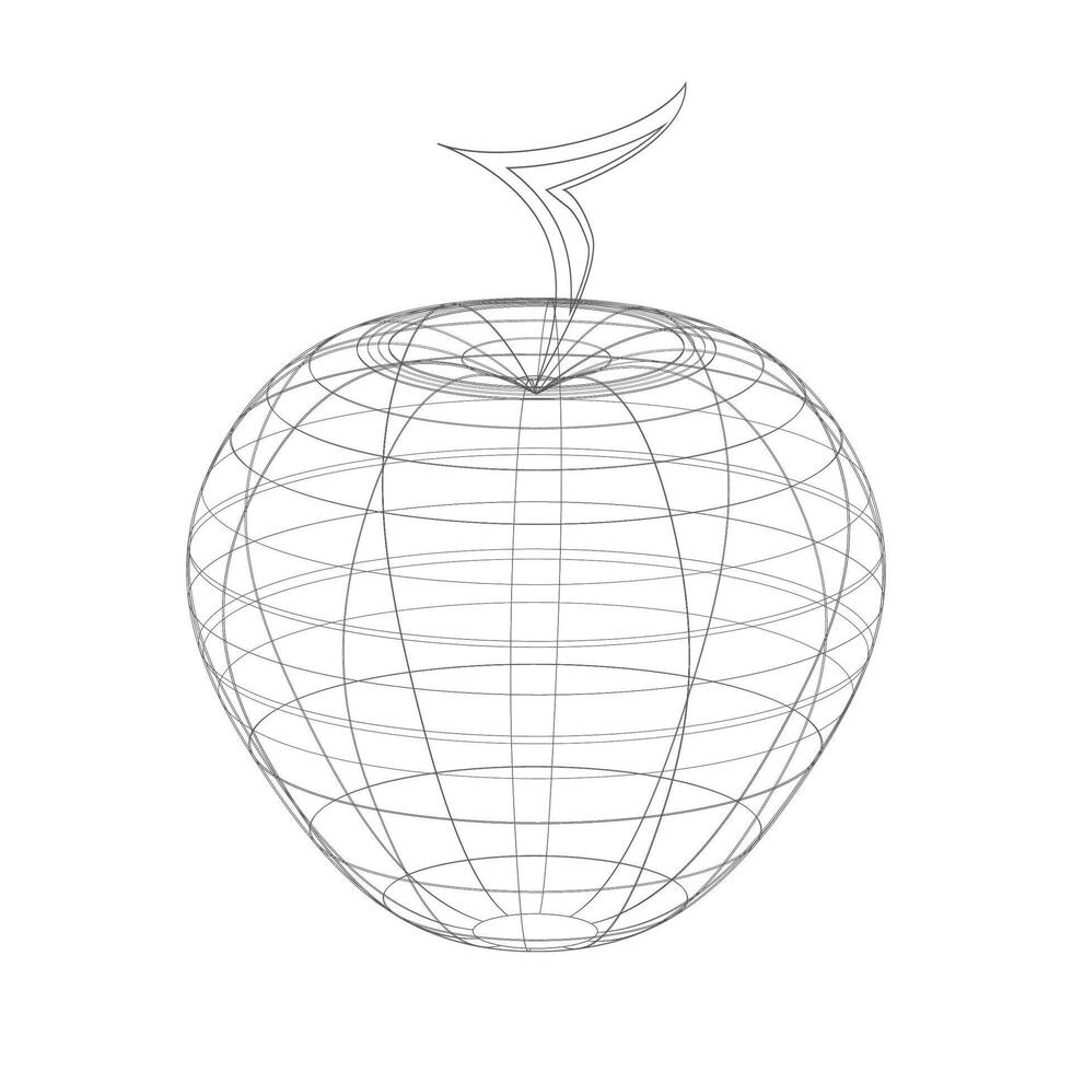 Wireframe 3D apple model with stem in black outline vector