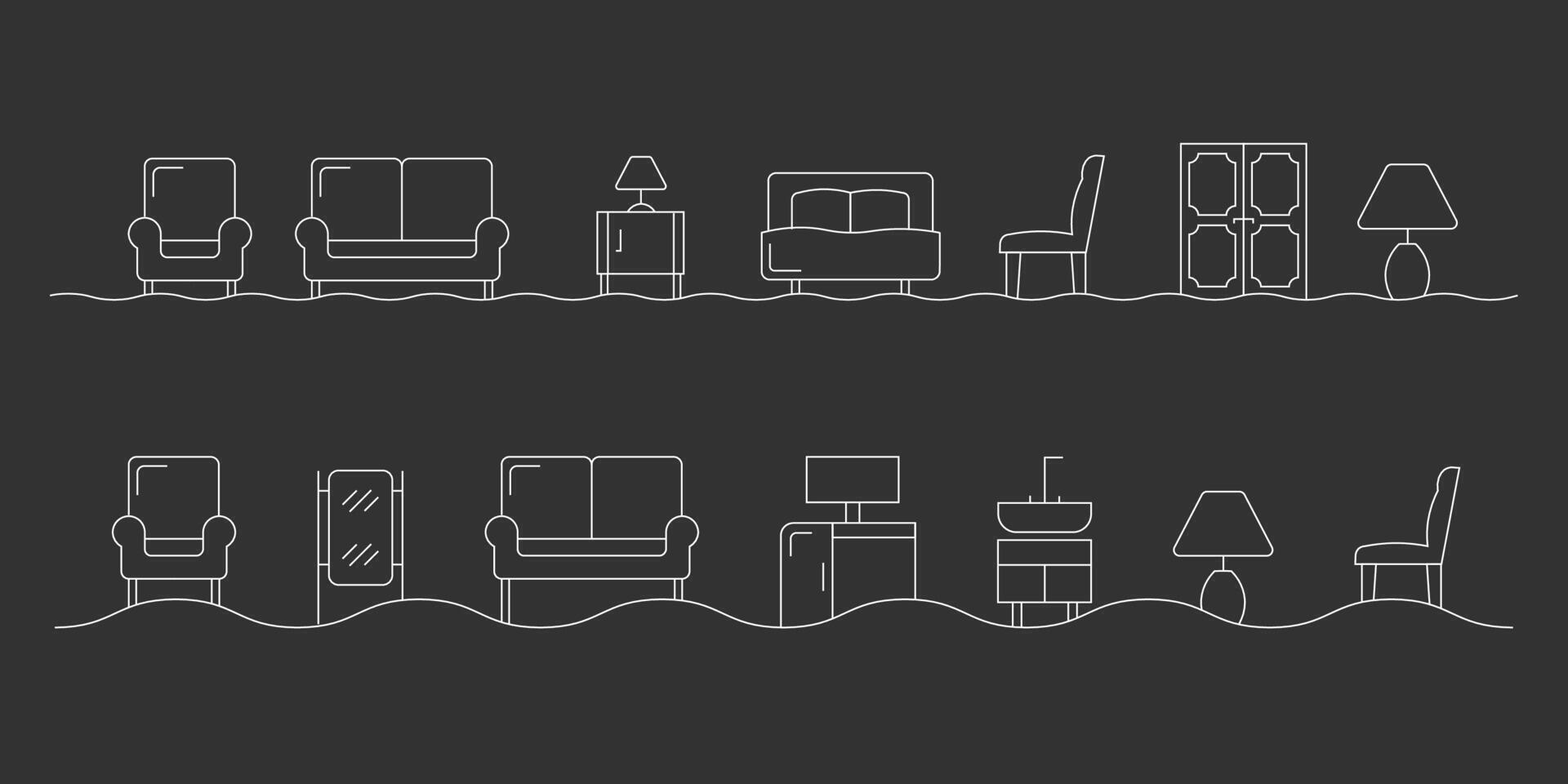 Minimalist line icons of home furniture on decorative wave line vector