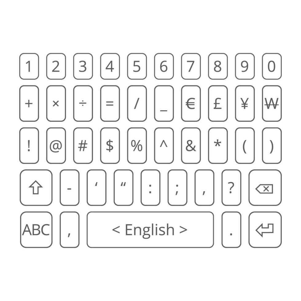 Outlined virtual mobile keyboard with numbers, symbols, and currency characters vector