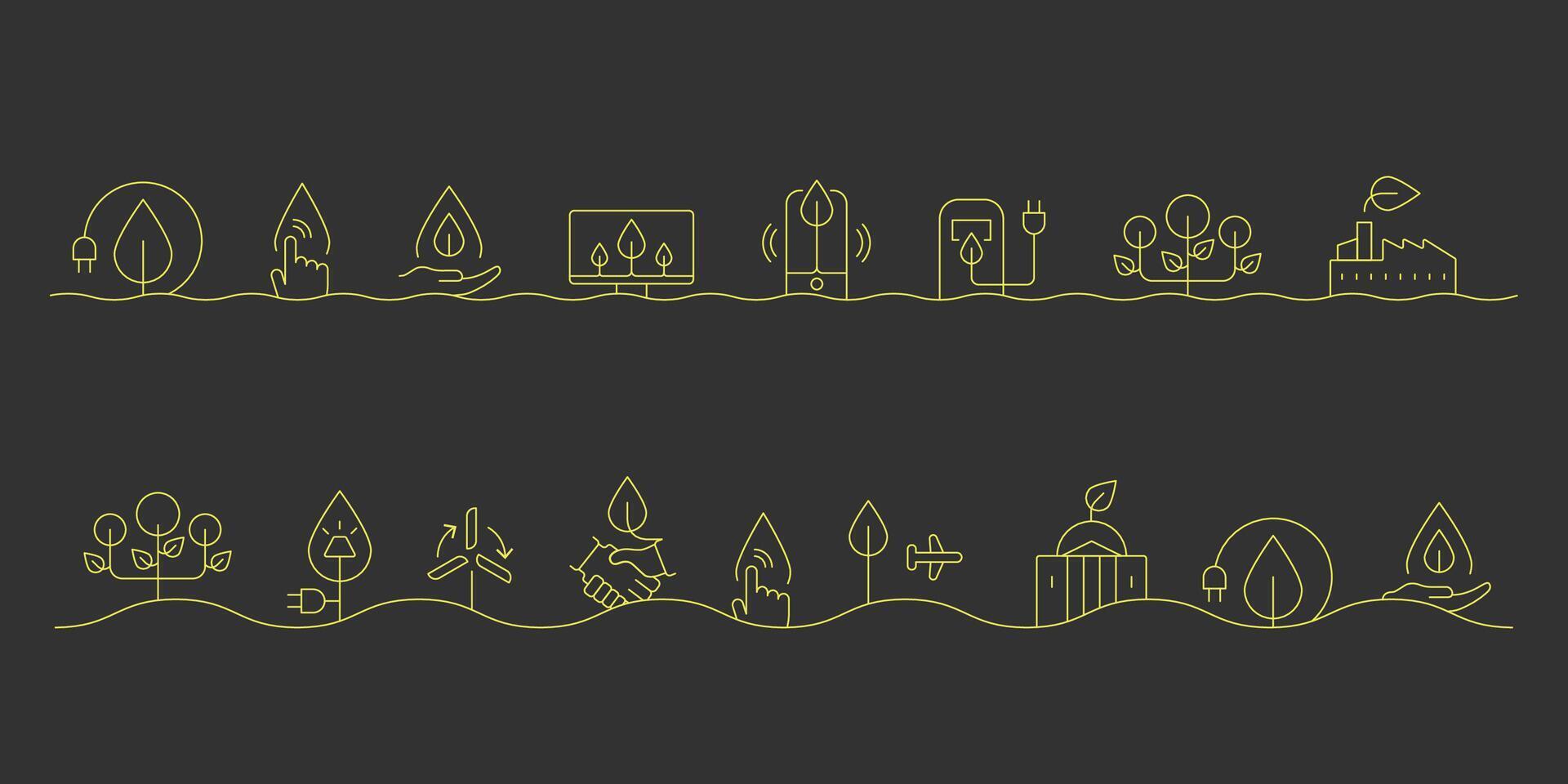 Eco line icons of sustainability, nature and green energy on wavy line vector