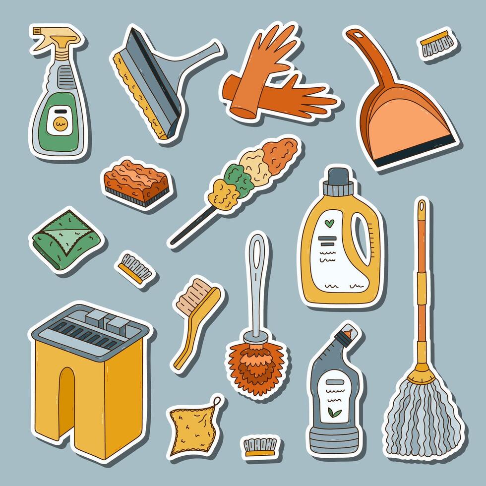 Lovely sticker set with cartoon line doodle of washing tools for cleansing home in trendy warm colors for planners, notebooks. Ready for print list of cute stickers of funny chores devices clipart vector
