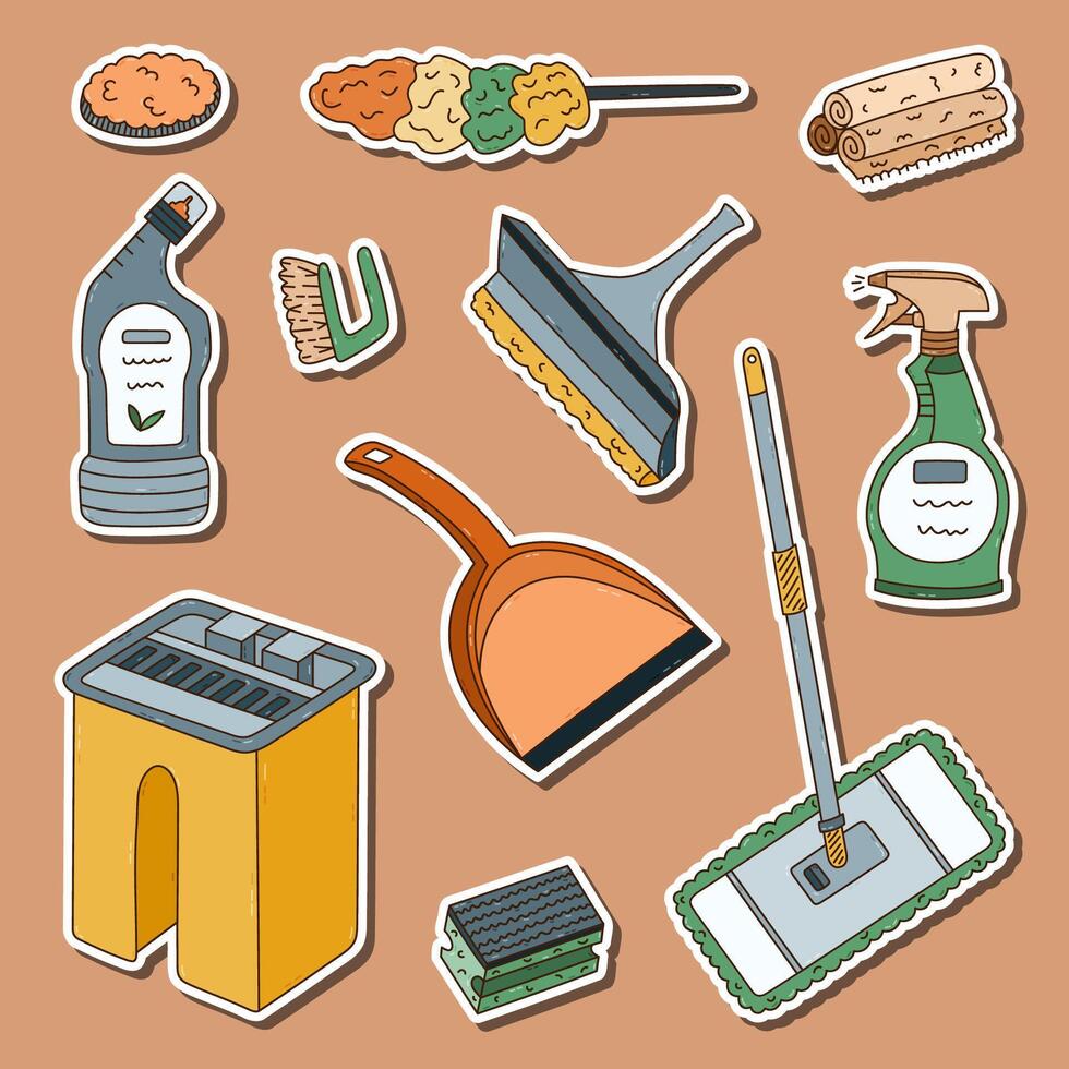 Lovely doodle sticker set with house cleansing supply for planners, notebooks, diary. Ready for print list of colourful stickers of bucket, mop, washing spray bottle, toilet disinfectant gel, rags. vector