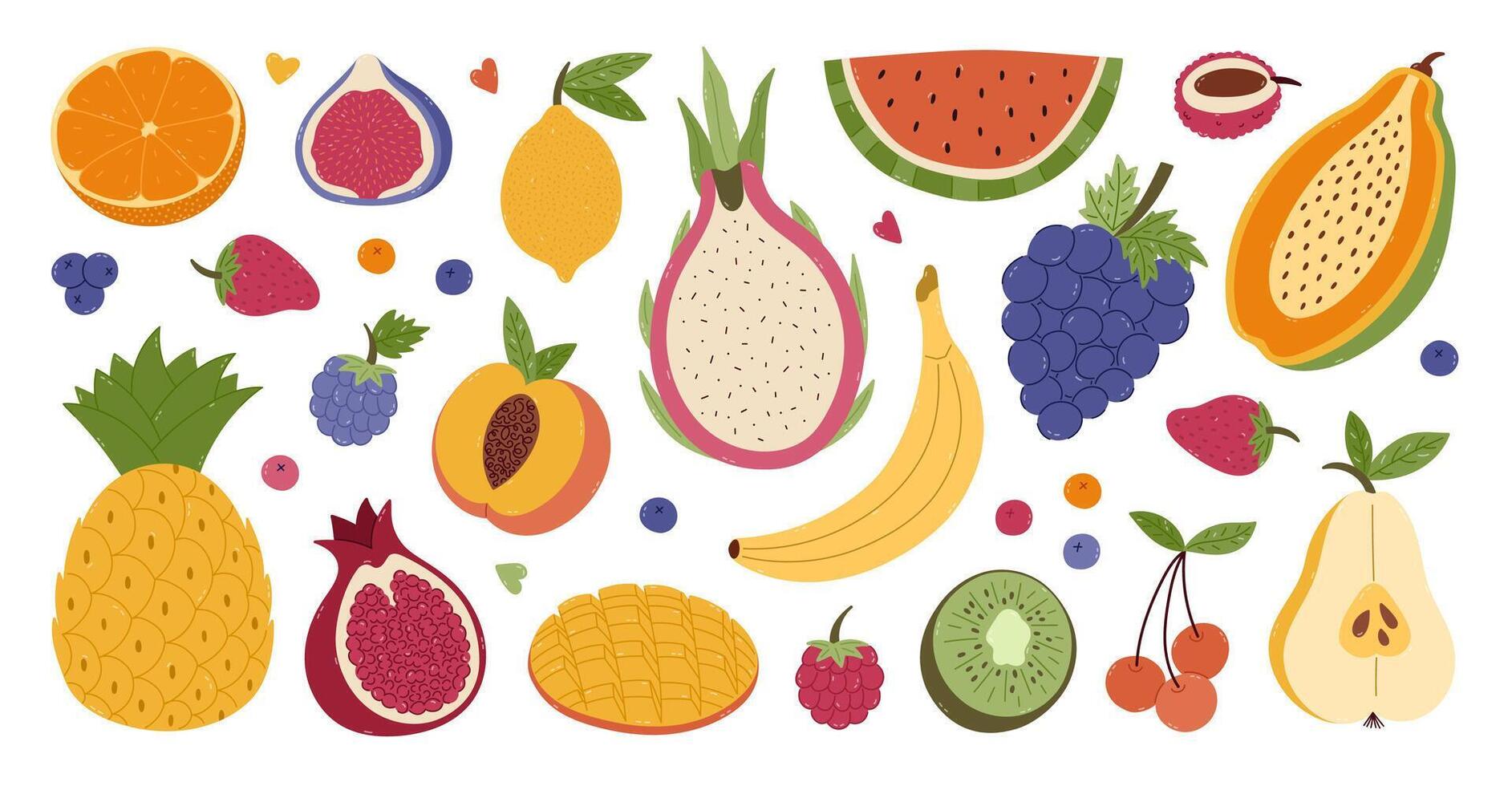 Big lovely cartoon set with summery tropical fruits and berries. Hand drawn clipart of exotic yummy watermelon, kiwi, orange, lemon, papaya for print, social media, packaging, restaurant menu, poster. vector