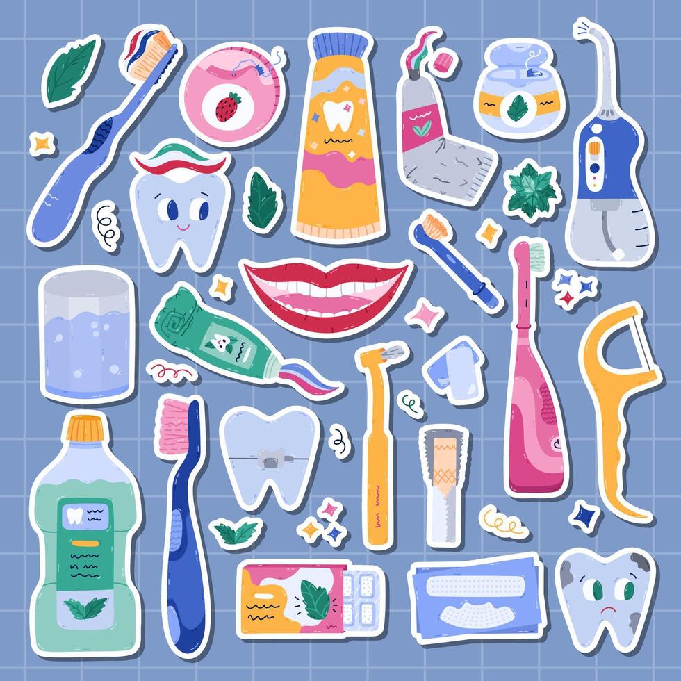 Big cartoon sticker set about dental care and stomatology for planners, notebooks. Ready for print list of lovely hand drawn stickers clipart of cleaning tools, tooth characters, oral care products. vector