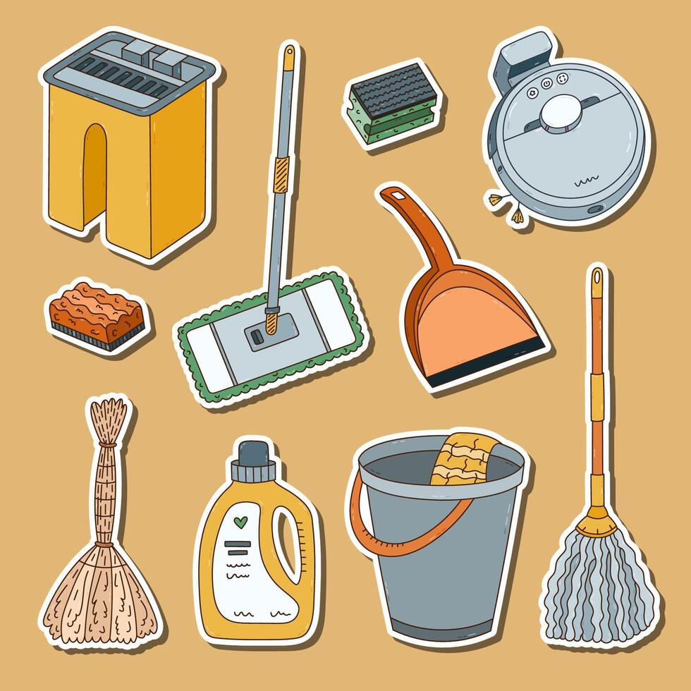 Childish cleaning apartment sticker set with household tools for planners, notebooks. Ready for print list of funny colorful washing doodle. Bucket, mop, laundry gel, broom, scrubbing sponge. vector