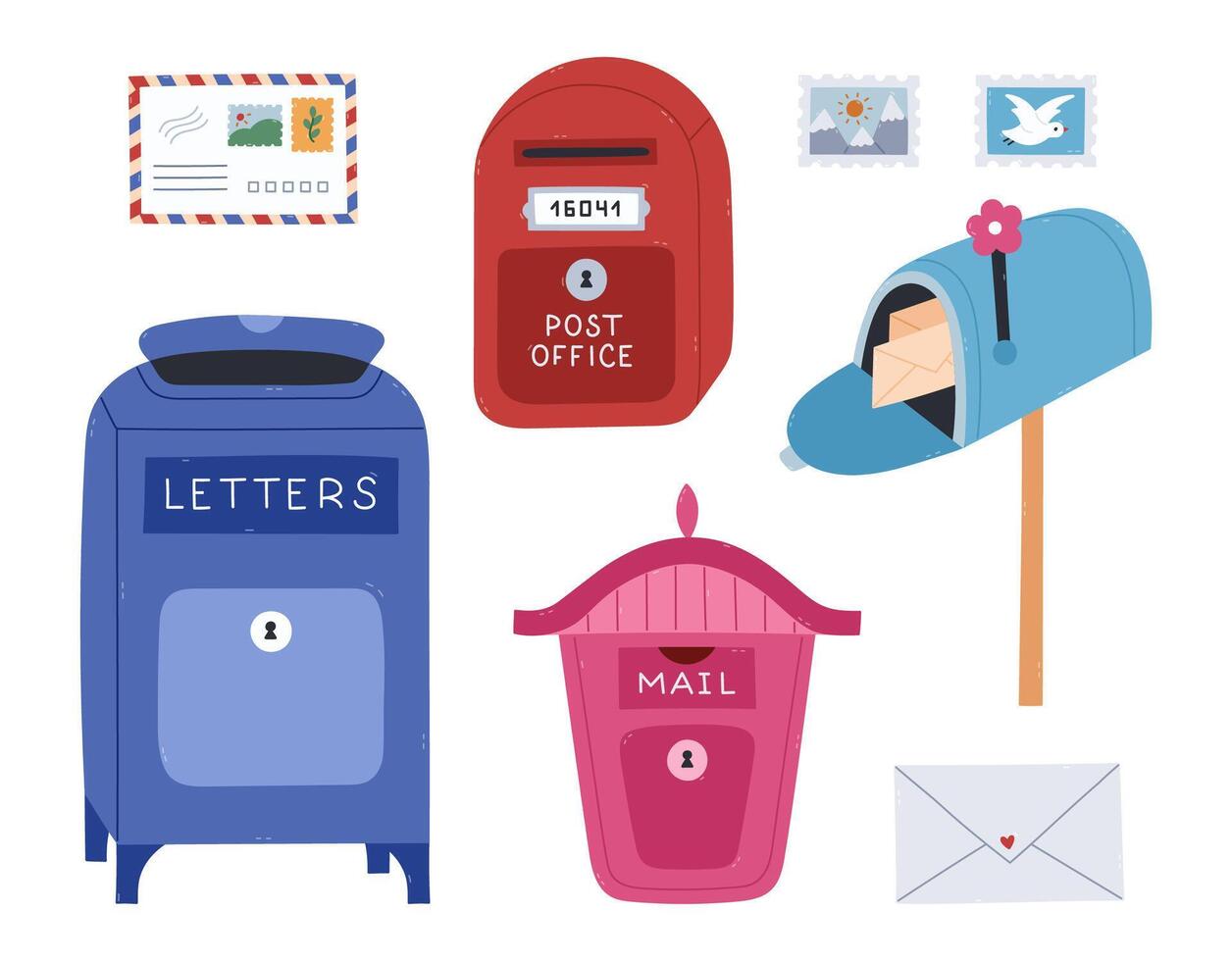 Lovely cartoon set with different mailboxes. Vintage, standing on street, residential, public postbox for delivering mail, parcels. Diverse letter box clipart as post office concept isolated on white. vector