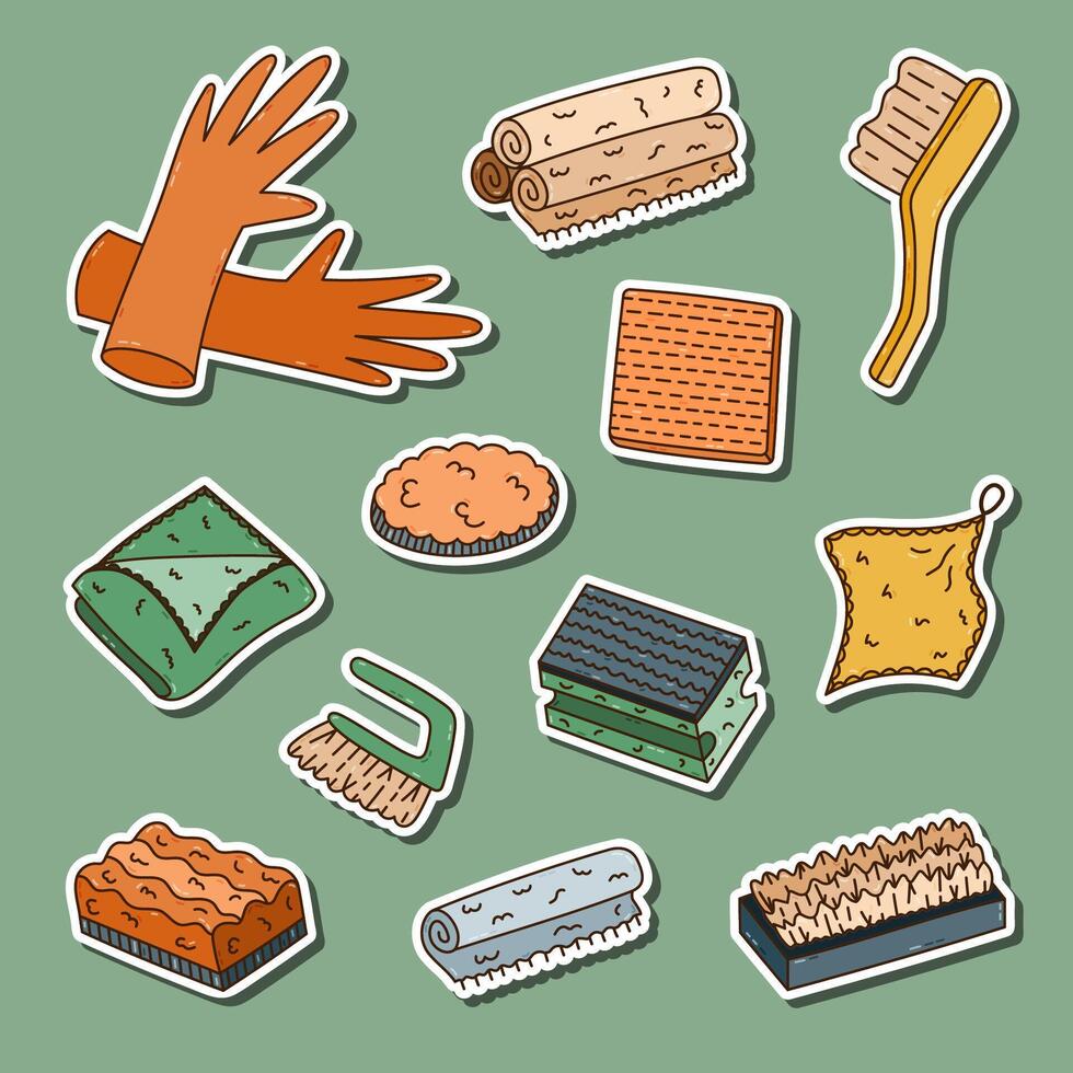 Multicolor doodle sticker set with funny tools for cleansing home for planners, notebooks. Ready for print list of childish clipart with protective rubber gloves, scrub sponge, brushes, rags, cloth. vector