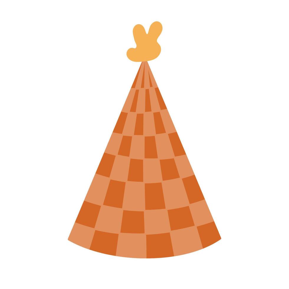 Lovely cartoon birthday party hat with abstract blob above and checkered pattern. Decorated party cone with check for Happy Birthday. Colourful flat Christmas cap isolated on background. vector