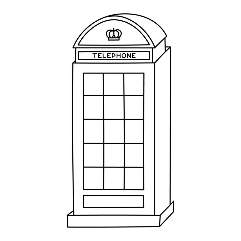 Simple line doodle London telephone booth with queen crown icon. Nostalgic British public call box for communication. Classical phone kiosk as landmarks of England, UK isolated on white background. vector