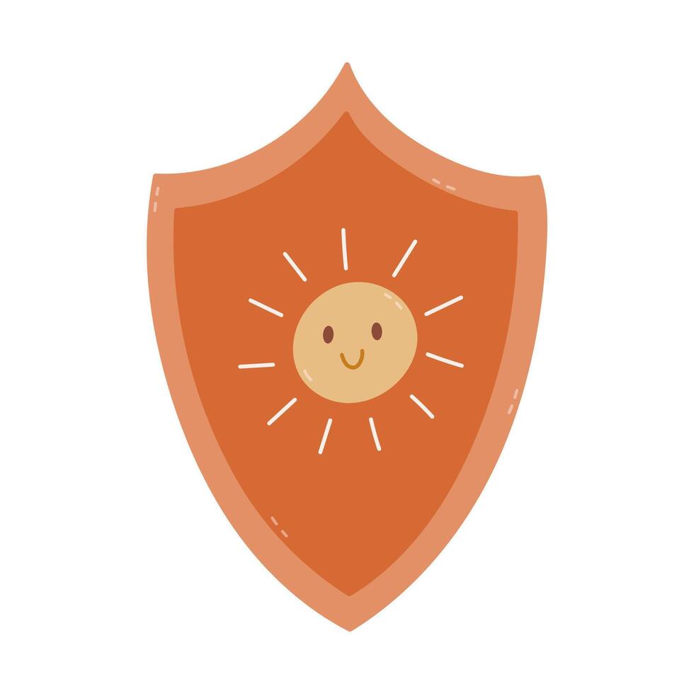 Childish cartoon shield with smiley sun icon as sign of sun protection, sunscreen and prevention of skin cancer. Defense against ultraviolet rays. Cosmetic product for heat, sunny weather, vacations. vector
